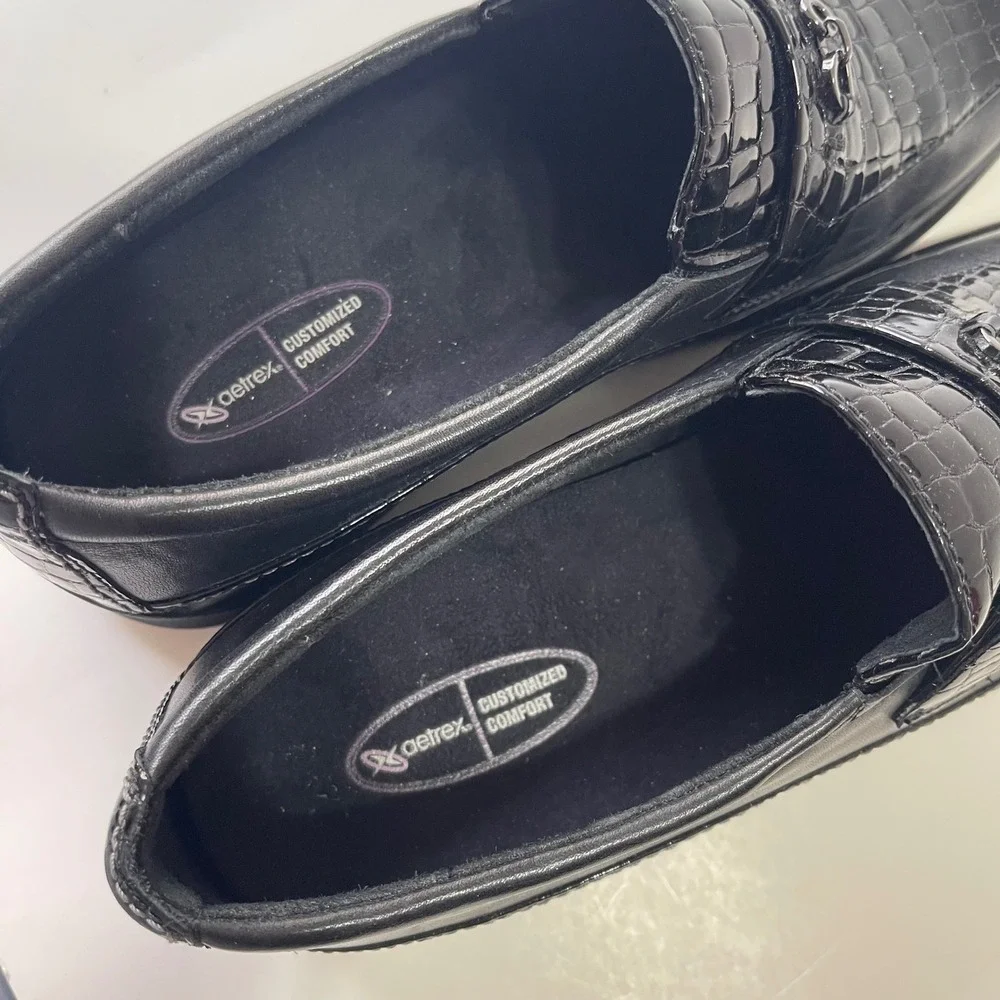 Aetrex E250W Loafers Womens 8 XW Black Croc Leather Bit Detail Comfort Shoes